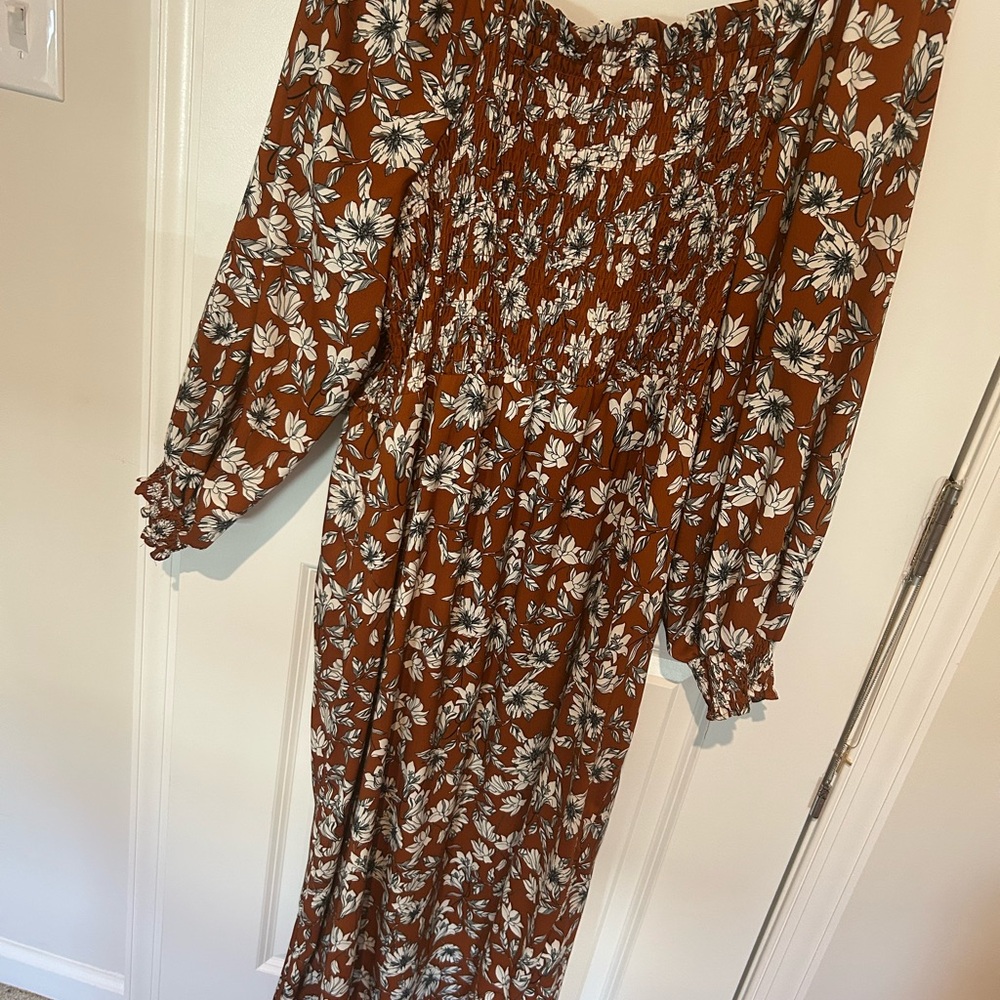 La Ligne Floral Long Sleeve Dress in Brown and White